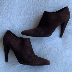 Vintage Prada Suede Pointy Toe Ankle Bootie Heels Boots Brown Chocolate